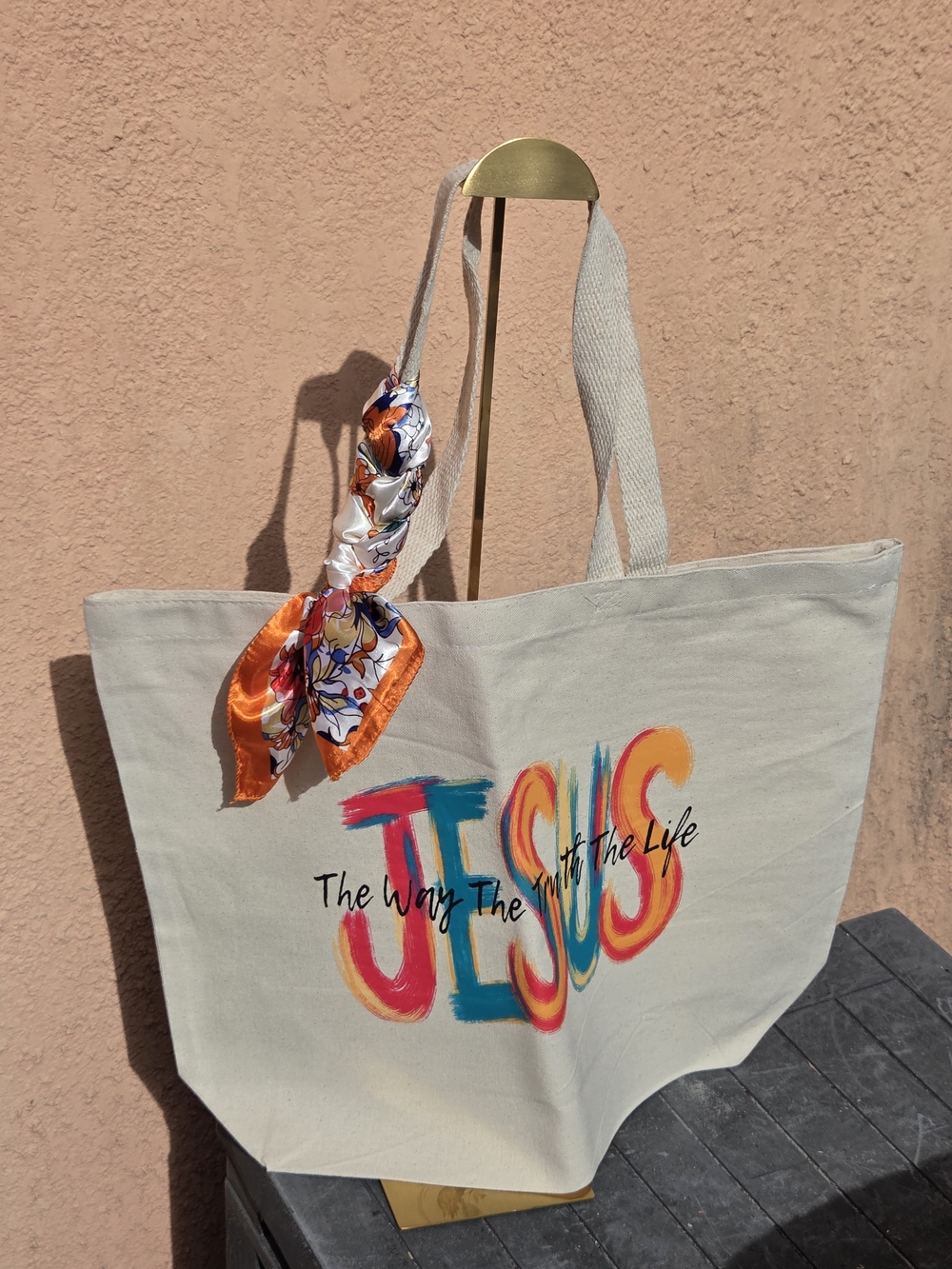Canvas Tote Bag with Colorful "JESUS" Print and Scarf Accent - Neutral